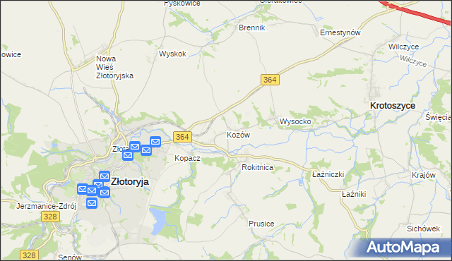 mapa Kozów gmina Złotoryja, Kozów gmina Złotoryja na mapie Targeo