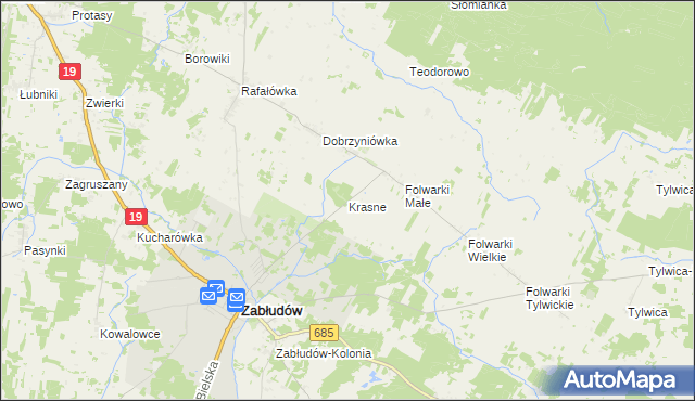 mapa Krasne gmina Zabłudów, Krasne gmina Zabłudów na mapie Targeo