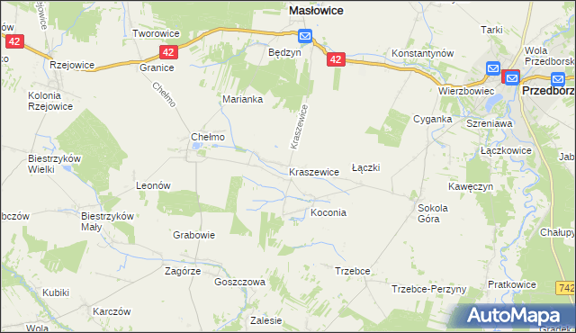 mapa Kraszewice gmina Masłowice, Kraszewice gmina Masłowice na mapie Targeo