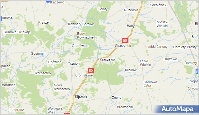 mapa Kraszewo gmina Ojrzeń, Kraszewo gmina Ojrzeń na mapie Targeo