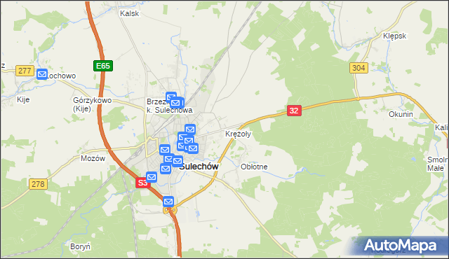 mapa Krężoły gmina Sulechów, Krężoły gmina Sulechów na mapie Targeo