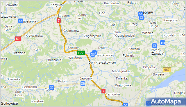 mapa Krzyszkowice gmina Myślenice, Krzyszkowice gmina Myślenice na mapie Targeo