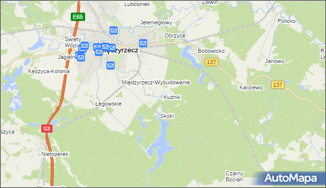 mapa Kuźnik gmina Międzyrzecz, Kuźnik gmina Międzyrzecz na mapie Targeo
