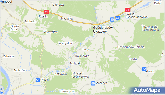 mapa Łany gmina Gościeradów, Łany gmina Gościeradów na mapie Targeo