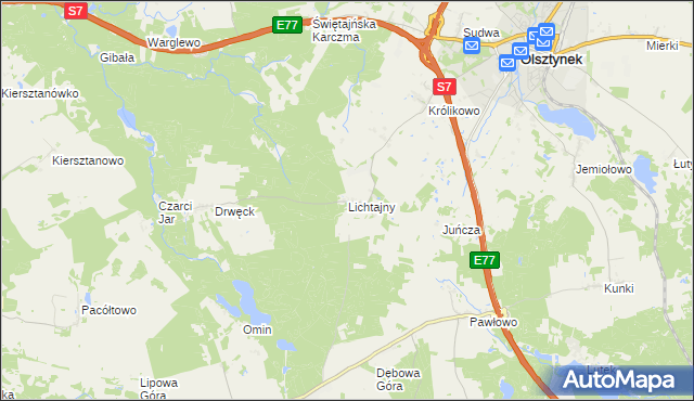 mapa Lichtajny gmina Olsztynek, Lichtajny gmina Olsztynek na mapie Targeo