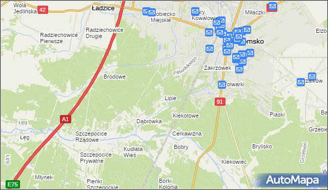 mapa Lipie gmina Radomsko, Lipie gmina Radomsko na mapie Targeo