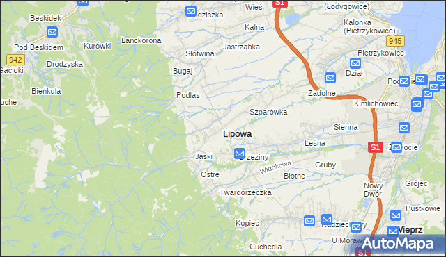 mapa Lipowa powiat żywiecki, Lipowa powiat żywiecki na mapie Targeo