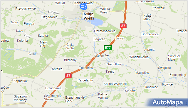 mapa Małoszów gmina Książ Wielki, Małoszów gmina Książ Wielki na mapie Targeo