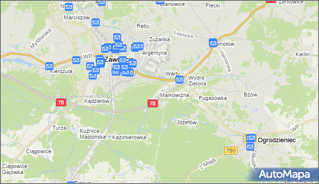 mapa Markowizna gmina Ogrodzieniec, Markowizna gmina Ogrodzieniec na mapie Targeo