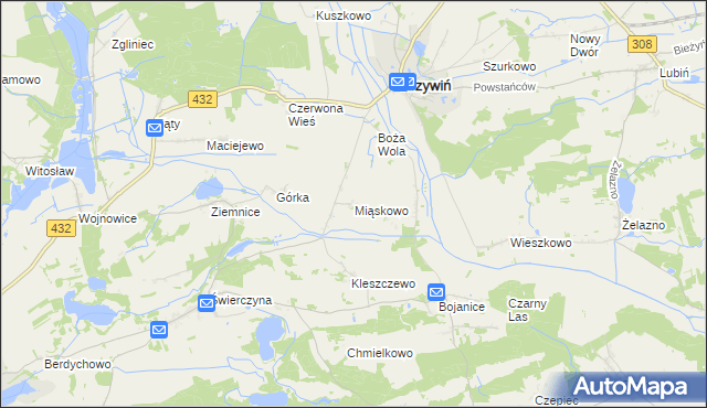 mapa Miąskowo gmina Osieczna, Miąskowo gmina Osieczna na mapie Targeo