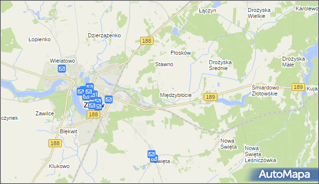 mapa Międzybłocie gmina Złotów, Międzybłocie gmina Złotów na mapie Targeo