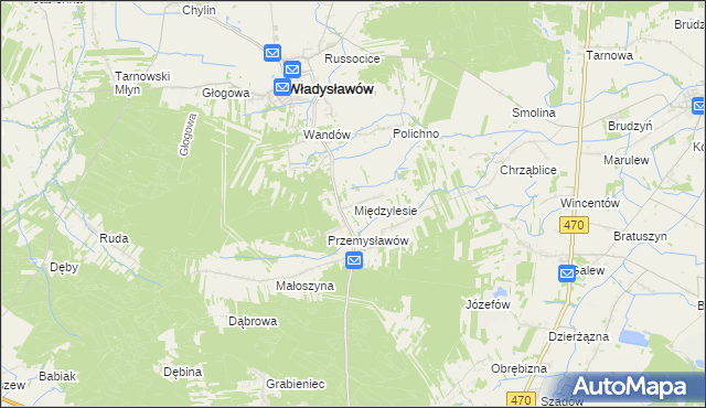 mapa Międzylesie gmina Władysławów, Międzylesie gmina Władysławów na mapie Targeo