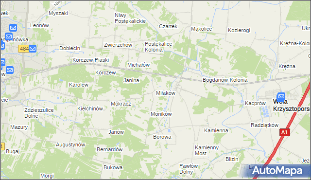 mapa Miłaków gmina Wola Krzysztoporska, Miłaków gmina Wola Krzysztoporska na mapie Targeo