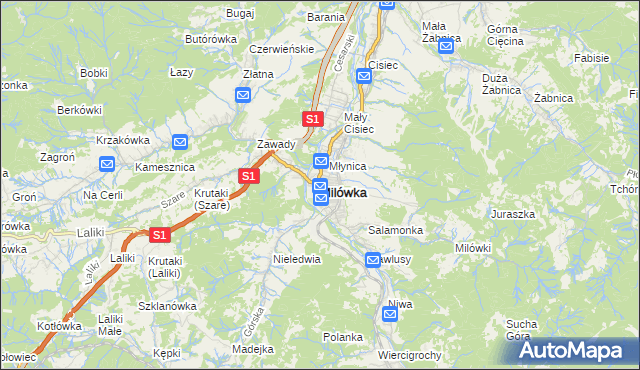 mapa Milówka powiat żywiecki, Milówka powiat żywiecki na mapie Targeo