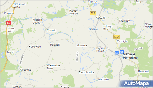 mapa Mirowice gmina Mikołajki Pomorskie, Mirowice gmina Mikołajki Pomorskie na mapie Targeo