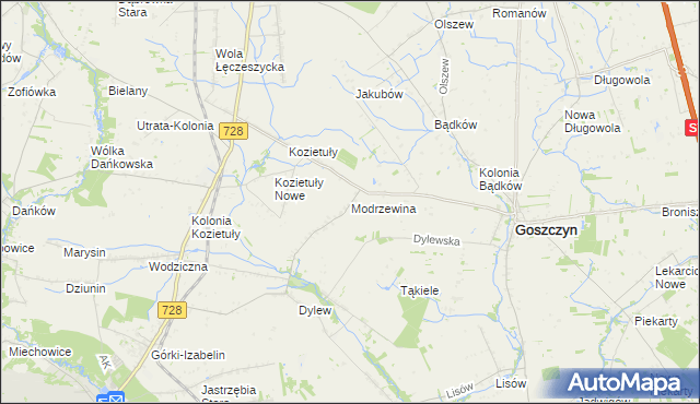 mapa Modrzewina gmina Goszczyn, Modrzewina gmina Goszczyn na mapie Targeo