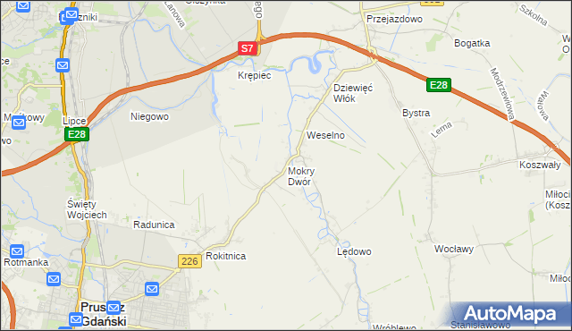 mapa Mokry Dwór gmina Pruszcz Gdański, Mokry Dwór gmina Pruszcz Gdański na mapie Targeo