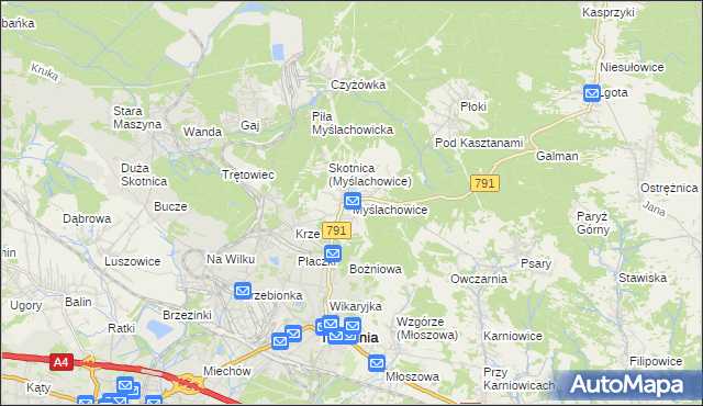 mapa Myślachowice, Myślachowice na mapie Targeo