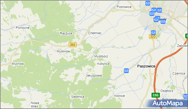 mapa Myślibórz gmina Paszowice, Myślibórz gmina Paszowice na mapie Targeo