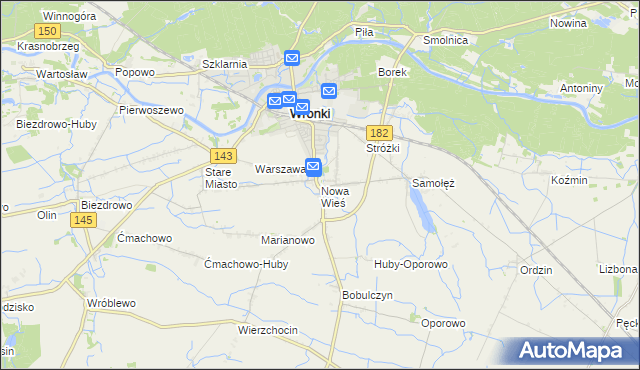 mapa Nowa Wieś gmina Wronki, Nowa Wieś gmina Wronki na mapie Targeo