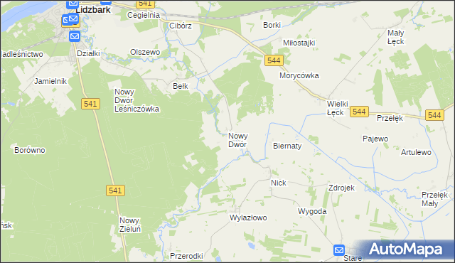 mapa Nowy Dwór gmina Lidzbark, Nowy Dwór gmina Lidzbark na mapie Targeo