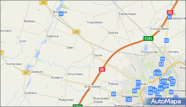 mapa Obora gmina Gniezno, Obora gmina Gniezno na mapie Targeo