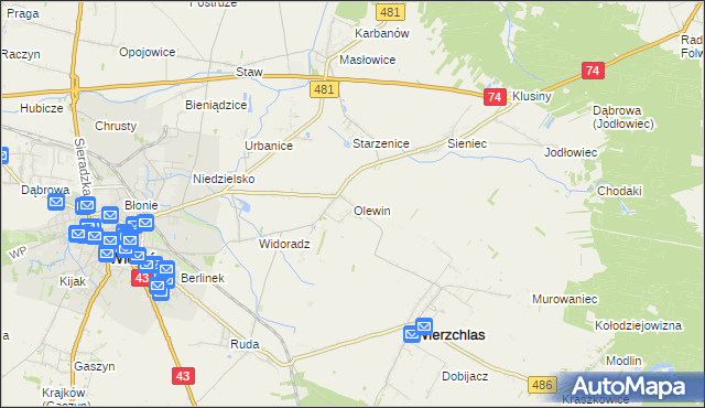 mapa Olewin gmina Wieluń, Olewin gmina Wieluń na mapie Targeo