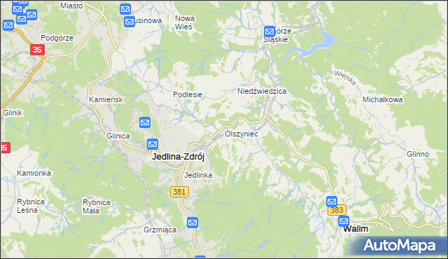 mapa Olszyniec gmina Walim, Olszyniec gmina Walim na mapie Targeo