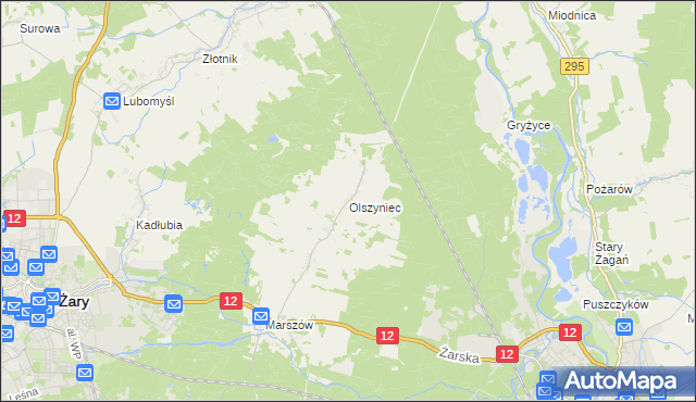 mapa Olszyniec gmina Żary, Olszyniec gmina Żary na mapie Targeo