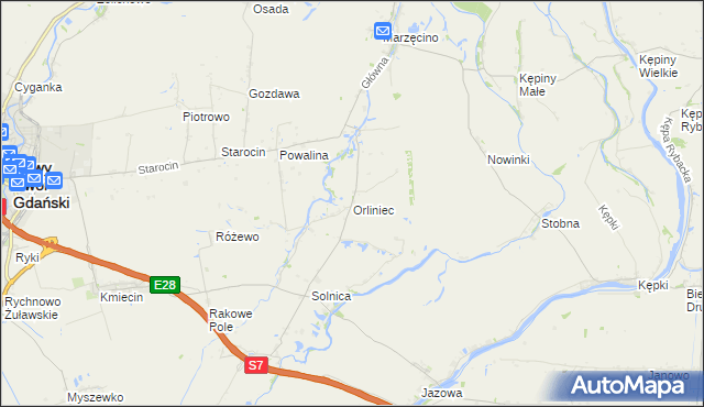 mapa Orliniec gmina Nowy Dwór Gdański, Orliniec gmina Nowy Dwór Gdański na mapie Targeo