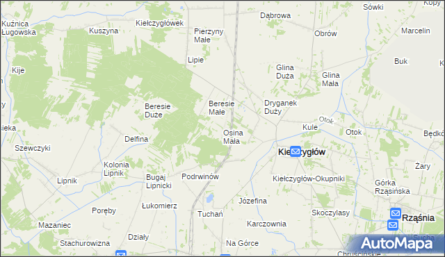 mapa Osina Mała gmina Kiełczygłów, Osina Mała gmina Kiełczygłów na mapie Targeo