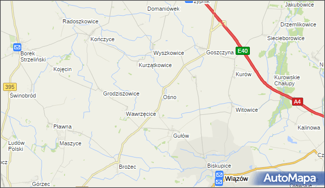 mapa Ośno gmina Wiązów, Ośno gmina Wiązów na mapie Targeo