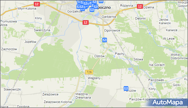 mapa Ostrów gmina Opoczno, Ostrów gmina Opoczno na mapie Targeo