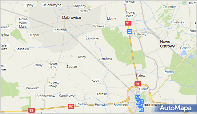 mapa Ostrówki gmina Dąbrowice, Ostrówki gmina Dąbrowice na mapie Targeo