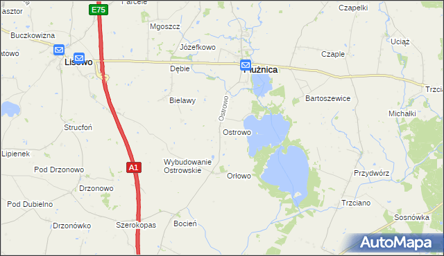 mapa Ostrowo gmina Płużnica, Ostrowo gmina Płużnica na mapie Targeo