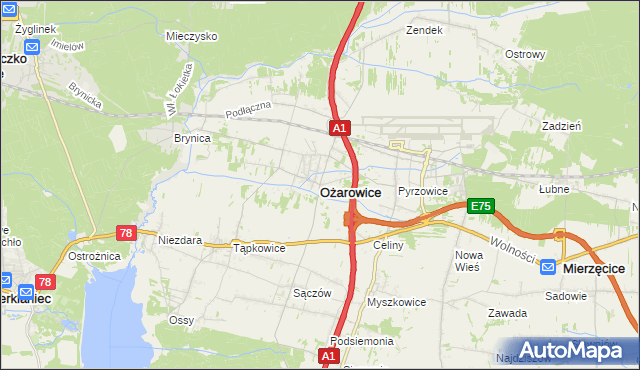 mapa Ożarowice, Ożarowice na mapie Targeo