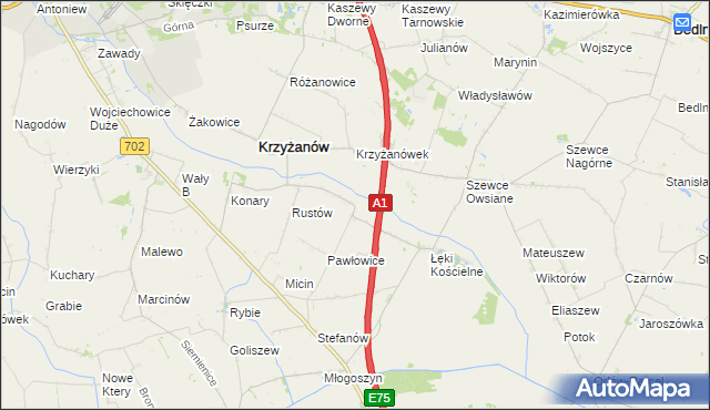 mapa Pawłowice gmina Krzyżanów, Pawłowice gmina Krzyżanów na mapie Targeo