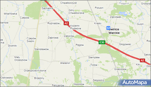 mapa Pęgów gmina Uniejów, Pęgów gmina Uniejów na mapie Targeo