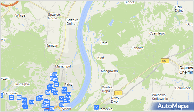 mapa Pień gmina Dąbrowa Chełmińska, Pień gmina Dąbrowa Chełmińska na mapie Targeo