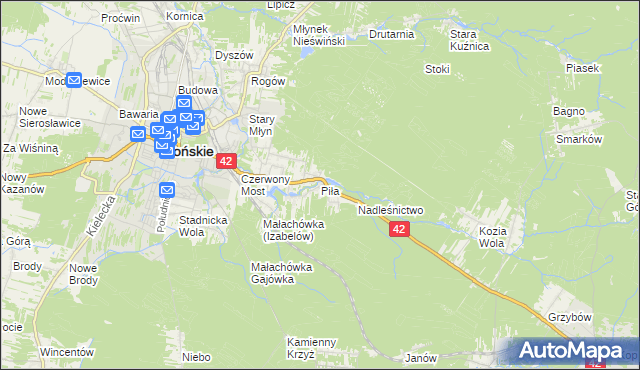 mapa Piła gmina Końskie, Piła gmina Końskie na mapie Targeo