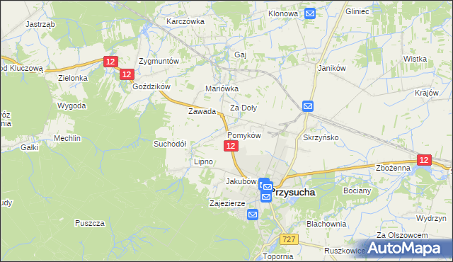 mapa Pomyków gmina Przysucha, Pomyków gmina Przysucha na mapie Targeo