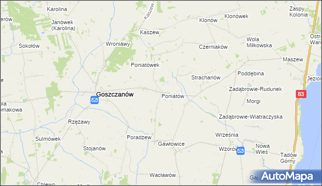 mapa Poniatów gmina Goszczanów, Poniatów gmina Goszczanów na mapie Targeo