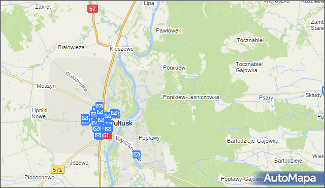 mapa Ponikiew-Leśniczówka, Ponikiew-Leśniczówka na mapie Targeo