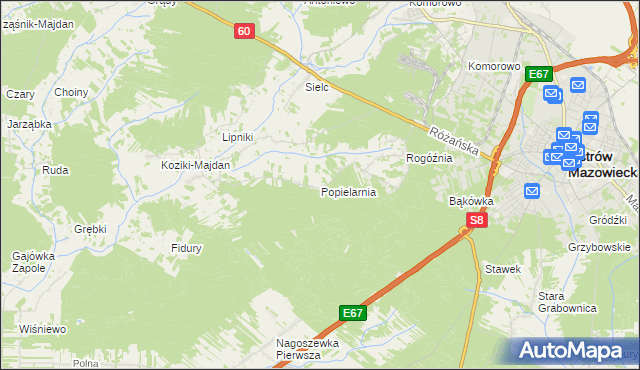 mapa Popielarnia gmina Ostrów Mazowiecka, Popielarnia gmina Ostrów Mazowiecka na mapie Targeo