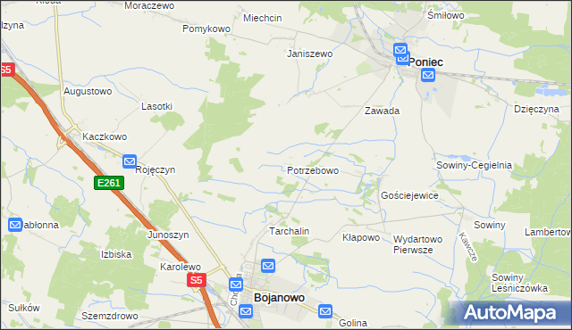 mapa Potrzebowo gmina Bojanowo, Potrzebowo gmina Bojanowo na mapie Targeo