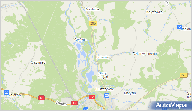 mapa Pożarów gmina Żagań, Pożarów gmina Żagań na mapie Targeo