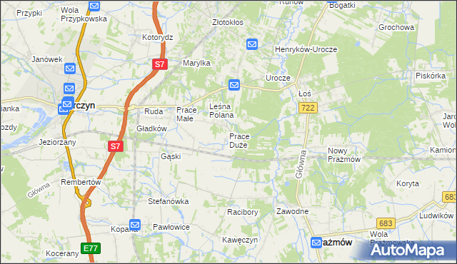 mapa Prace Duże, Prace Duże na mapie Targeo