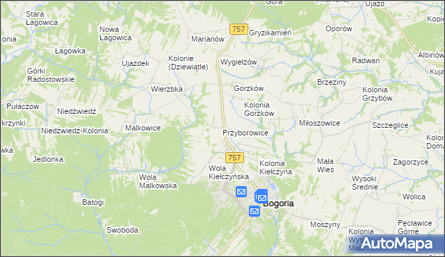 mapa Przyborowice gmina Bogoria, Przyborowice gmina Bogoria na mapie Targeo