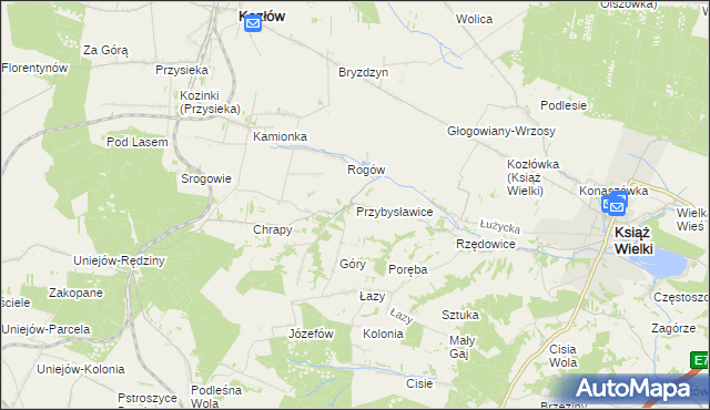 mapa Przybysławice gmina Kozłów, Przybysławice gmina Kozłów na mapie Targeo