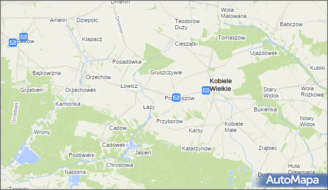 mapa Przybyszów gmina Kobiele Wielkie, Przybyszów gmina Kobiele Wielkie na mapie Targeo